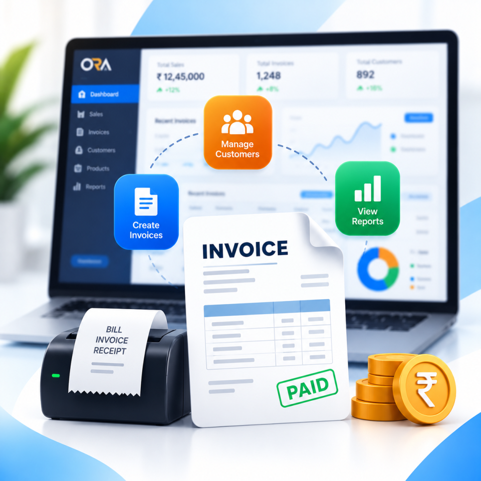 Cloud Billing and Invoice Software showing invoice generation, paid status, thermal receipt printer, and sales analytics