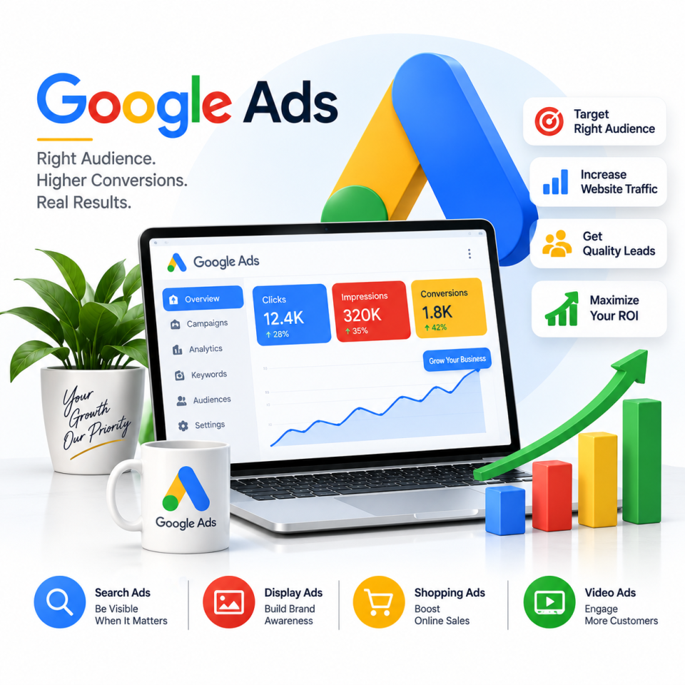 Google Ads campaign performance dashboard displaying clicks, impressions, conversion tracking, and search/display/shopping ad formats