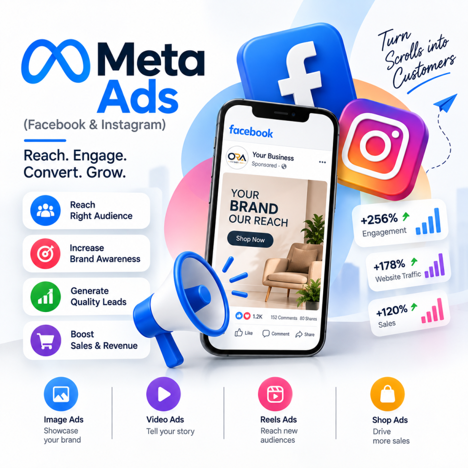 Meta Ads visual showing Facebook and Instagram sponsored posts, Reels ads, audience targeting, and lead generation performance