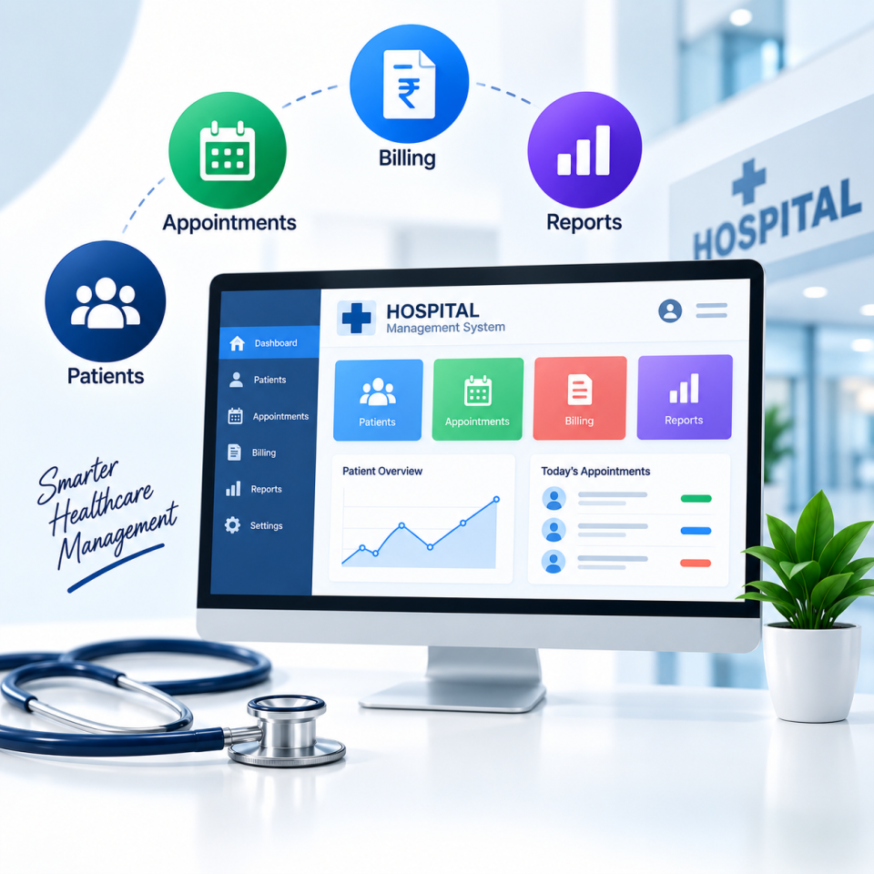 Hospital Management System interface displaying patient overview, appointments, billing, lab reports, and clinical dashboard